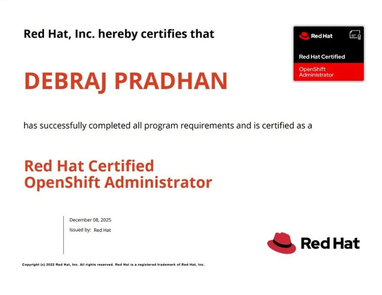 Debraj Pradhan - Red Hat Openshift Administration Training - EX280 Certificate Training - DO280 Training - KR Network Cloud