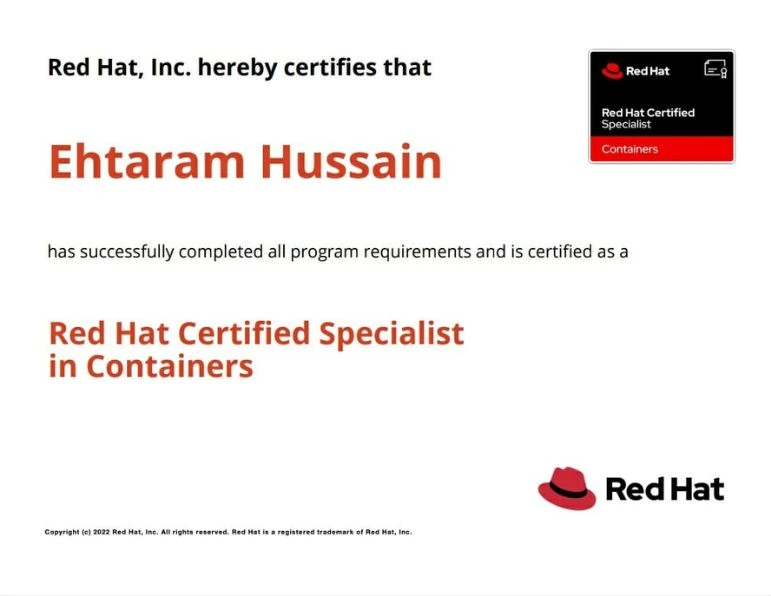 Ehtaram Hussain - Red Hat Container with Podman - EX188 Certificate