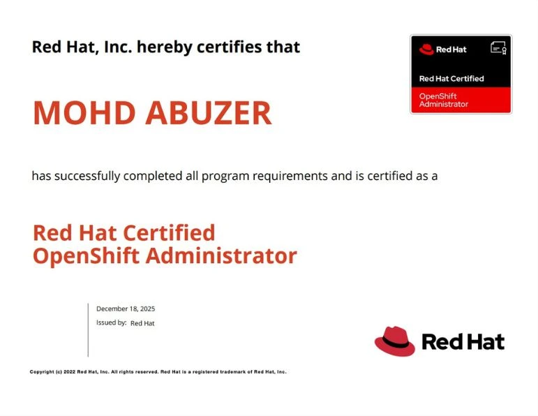 Mohd Abuzer - Red Hat Openshift Administration Training - EX280 Certificate Training - DO280 Training - KR Network Cloud