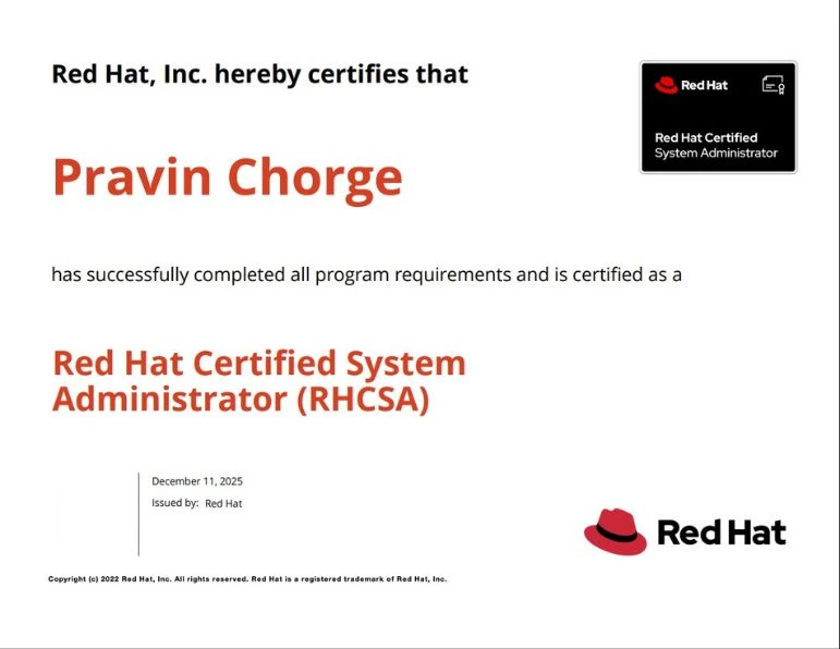 Pravin Chorge - RHCSA Training - EX200 - KR Network Cloud