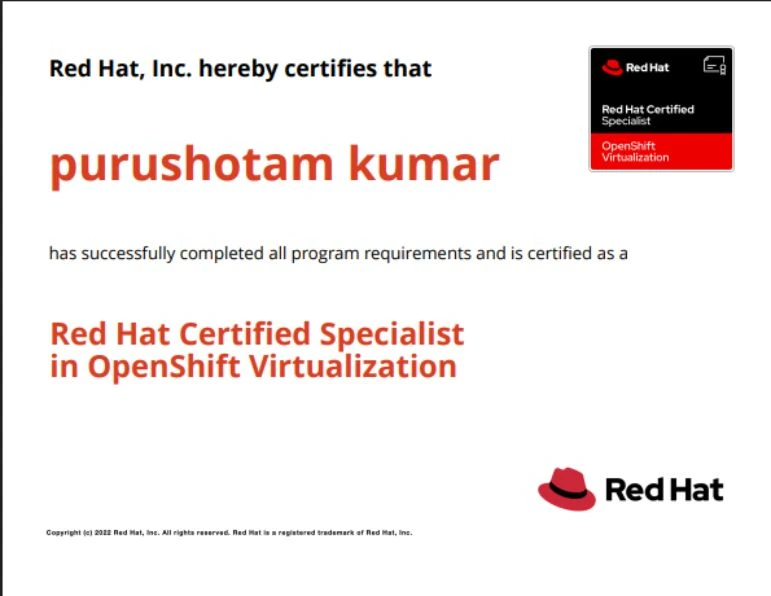 Purushotam Kumar - Red Hat OpenShift Virtualization training - EX316 Certification Training - DO316 Training - KR Network Cloud