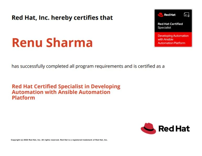 Renu Sharma - DO374 Training - EX374 Exam - Red Hat Advanced Ansible Automation