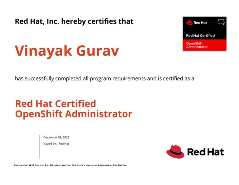 Vinayak Gurav - Red Hat Openshift Administration Training - EX280 Certificate Training - DO280 Training - KR Network Cloud