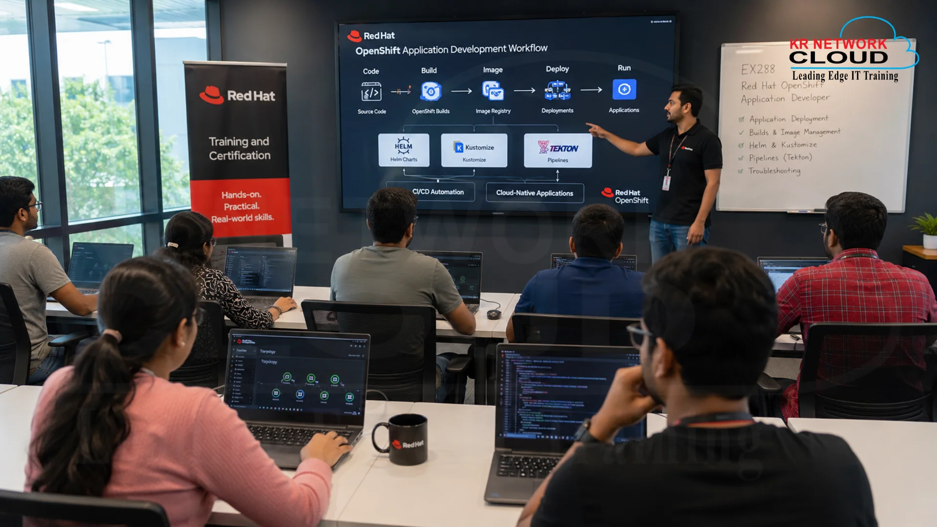 Complete Guide to OpenShift: Platforms, Roadmaps, and Certifications 4 Students and IT professionals participating in an OpenShift certification training session, practicing application deployments, CI/CD pipelines, container management, Helm, Kustomize, and cloud-native development workflows while preparing for the EX288 OpenShift Application Developer certification exam.